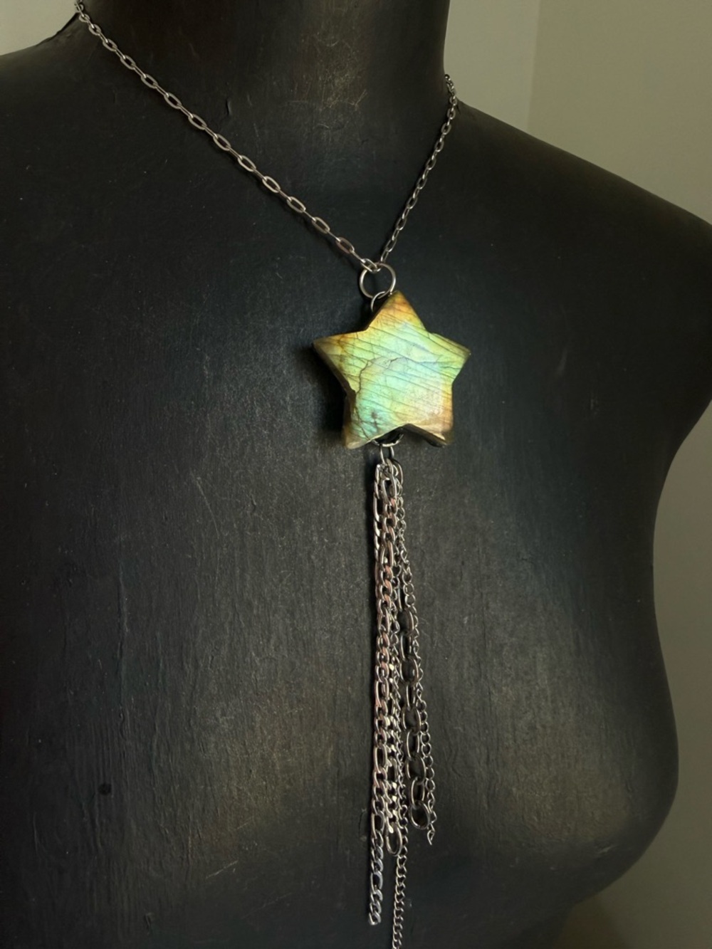 Labradorite Green Star Pendant Necklace with Silver Tassel Crystal jewelry